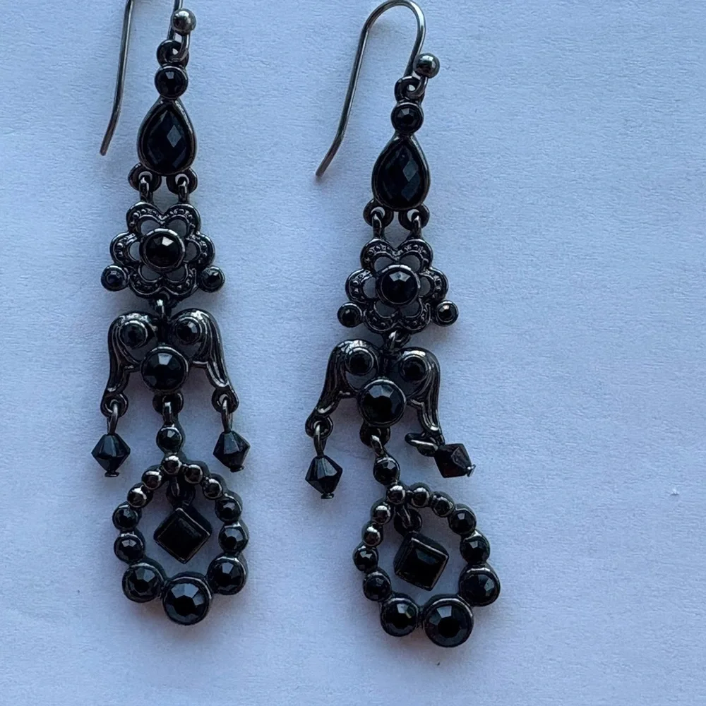 Gothic Black and silver Dangle Earrings with black crystals eclectic design